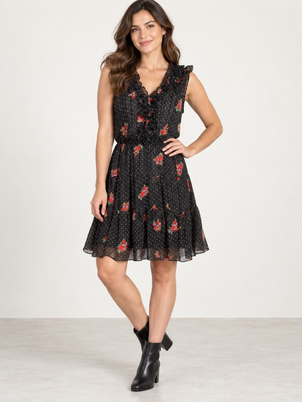 Suzy Shier Black Floral Polka Dot Ruffle Tiered Chiffon Dress L
